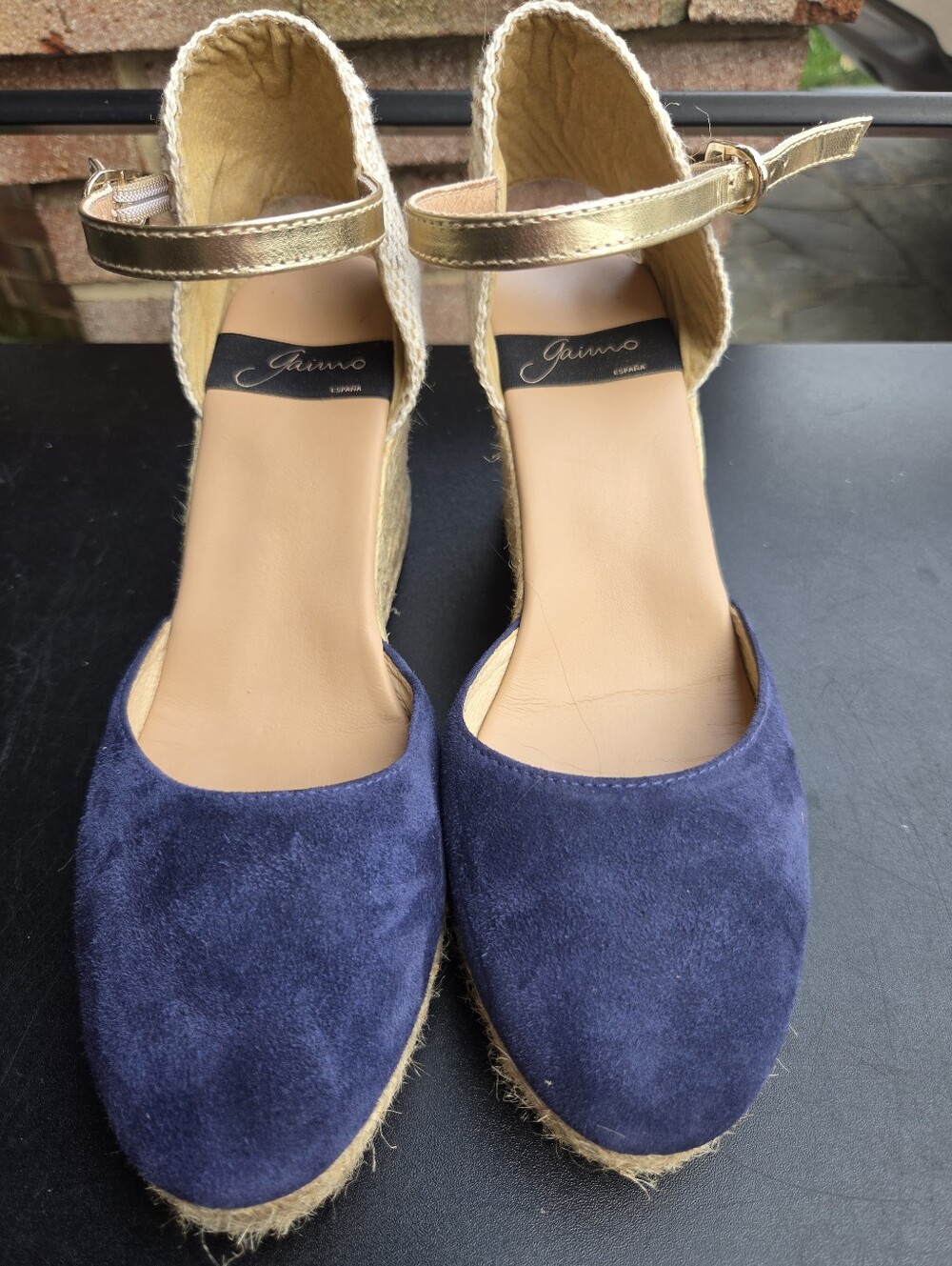 Blue Suede Espadrille Wedge Heels Gold Ankle Strap Boho Chic Summer Resortwear